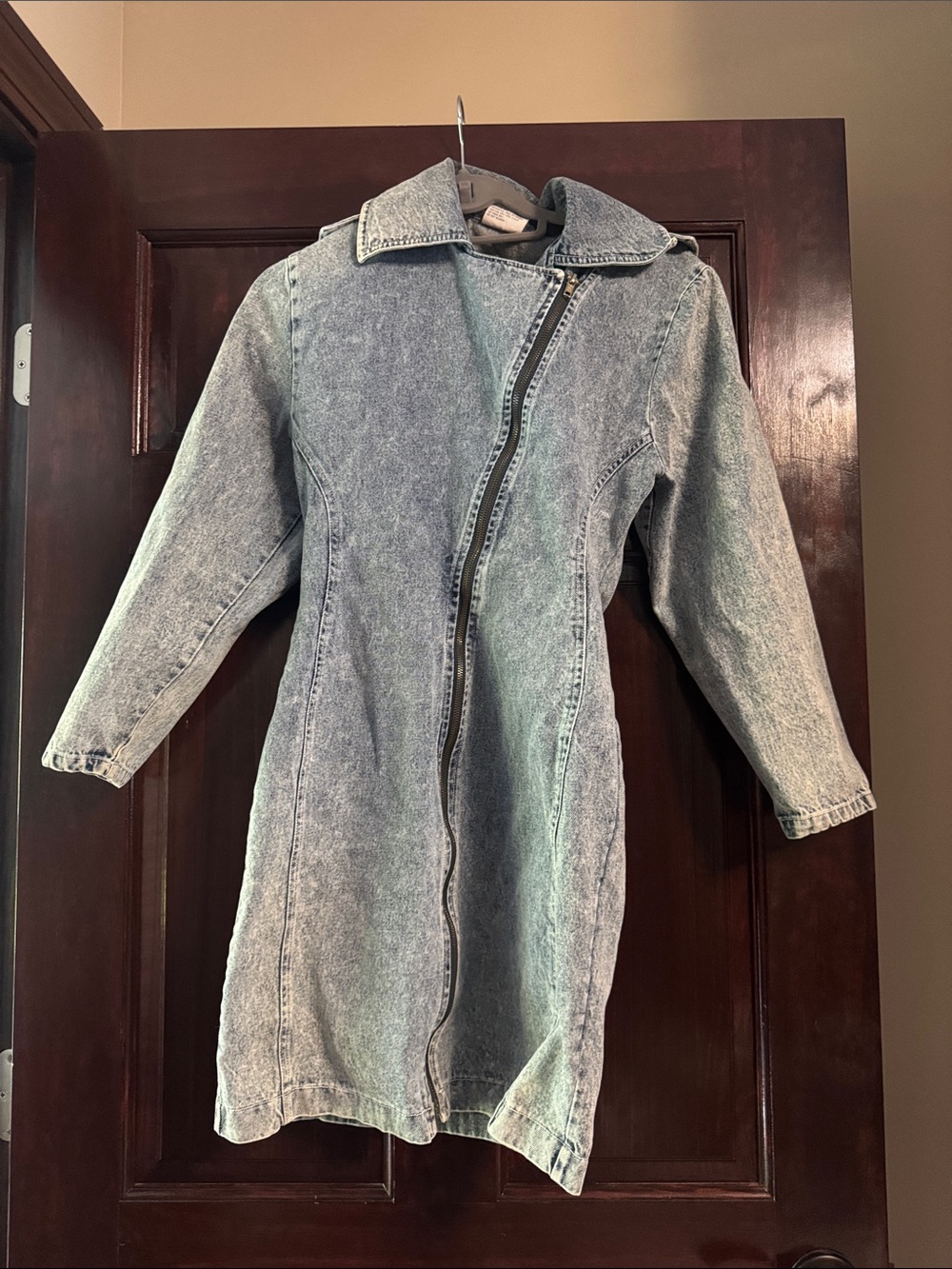 Vintage Light Wash Denim Trench Jacket with Asymmetrical Zip
